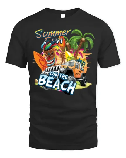 Beach Summer Fun Tee, Tropical Vacation Graphic T-Shirt - black t-shirt on white background