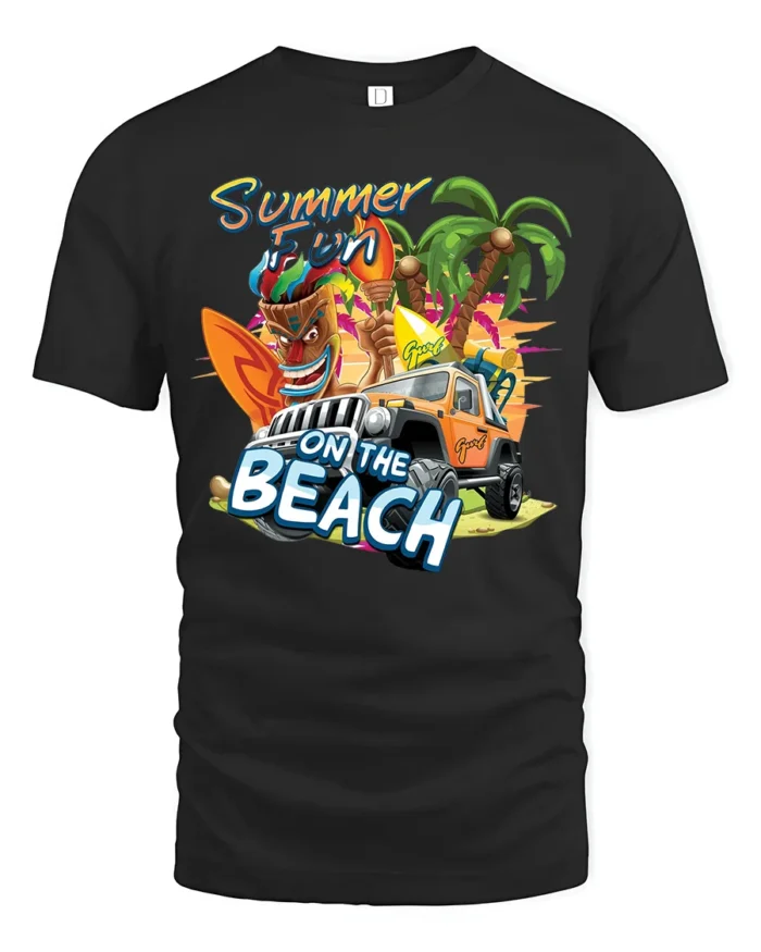 Beach Summer Fun Tee, Tropical Vacation Graphic T-Shirt - black t-shirt on white background