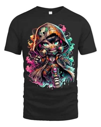 Cyberpunk Chibi, Futuristic Cute Character T-Shirt - black t-shirt on white background