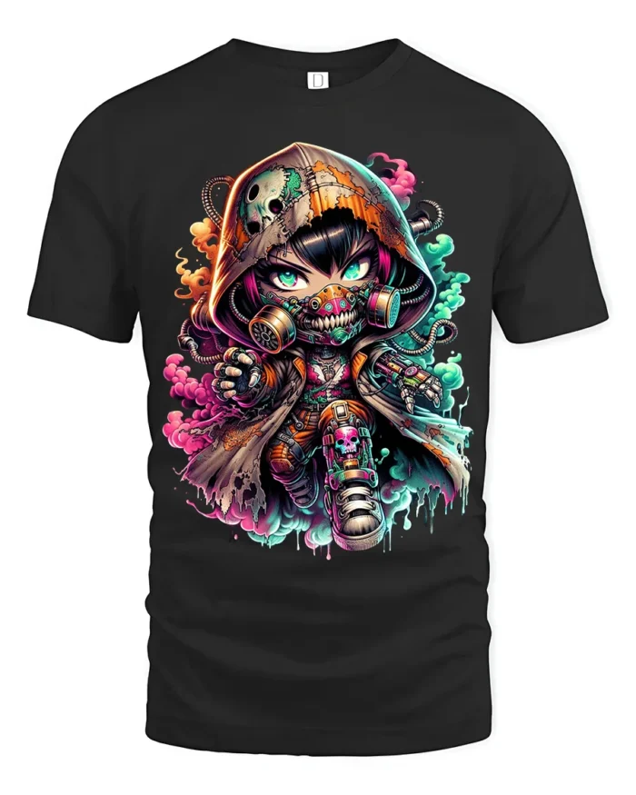 Cyberpunk Chibi, Futuristic Cute Character T-Shirt - black t-shirt on white background