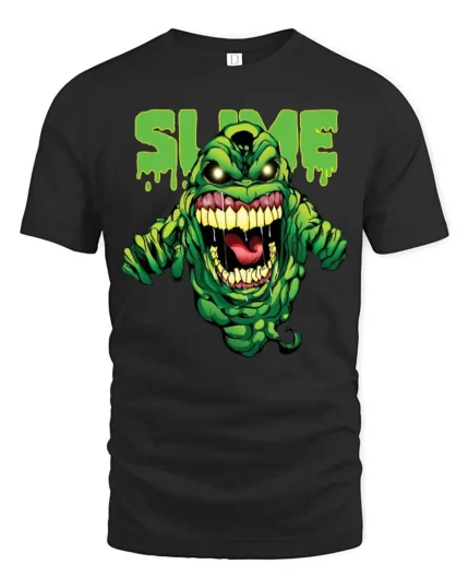 Slimer Slime Tee, Funny Ghostbusters Graphic T-Shirt - black t-shirt on white background