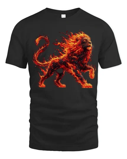 Blazing Lion Art Tee, Powerful Animal Graphic T-Shirt - black t-shirt on white background