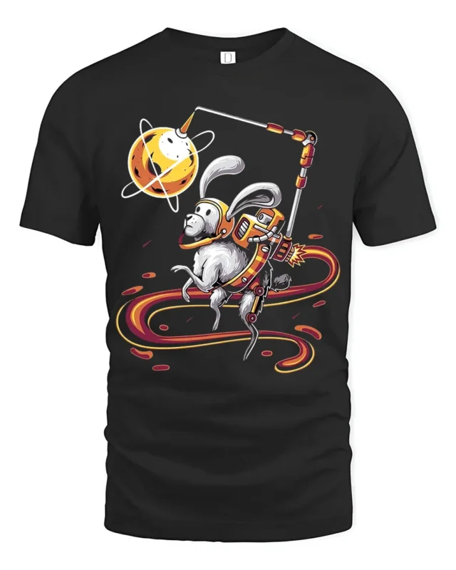 Planet Hopping Rabbit Tee - Whimsical Space Graphic Tee - black t-shirt on white background