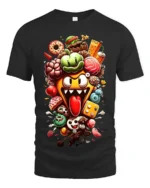 Crazy Food Pile Tee, Funny Cartoon Snack Attack T-Shirt - black t-shirt on white background