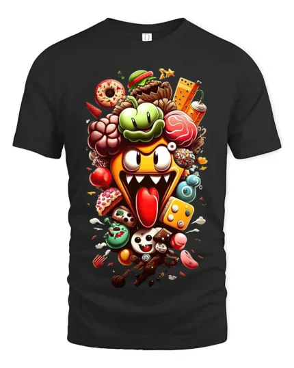 Crazy Food Pile Tee, Funny Cartoon Snack Attack T-Shirt - black t-shirt on white background