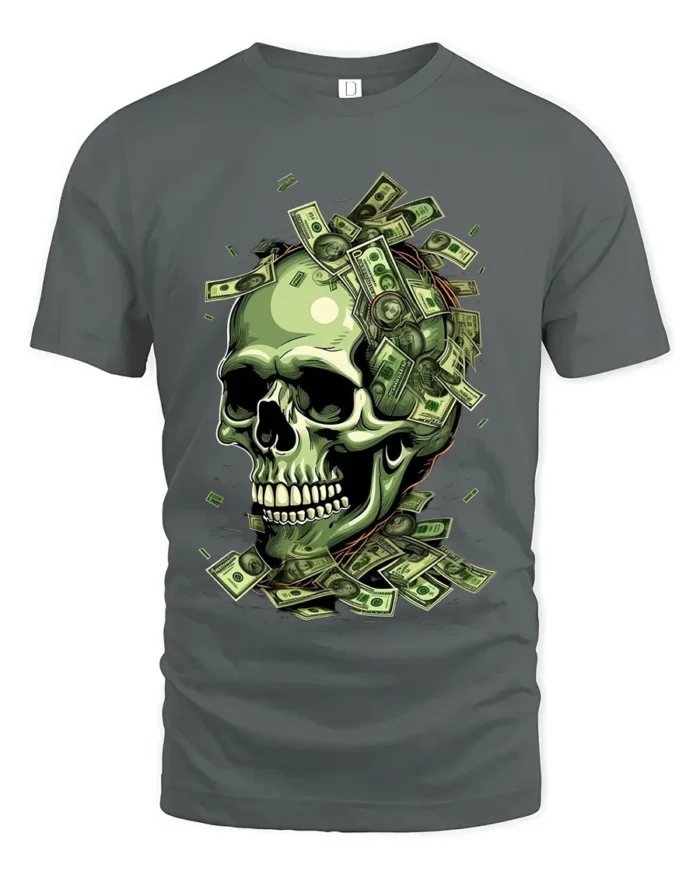 Money Skull Graphic Tee - Dollar Bills Skull T-Shirt - gray t-shirt on white background