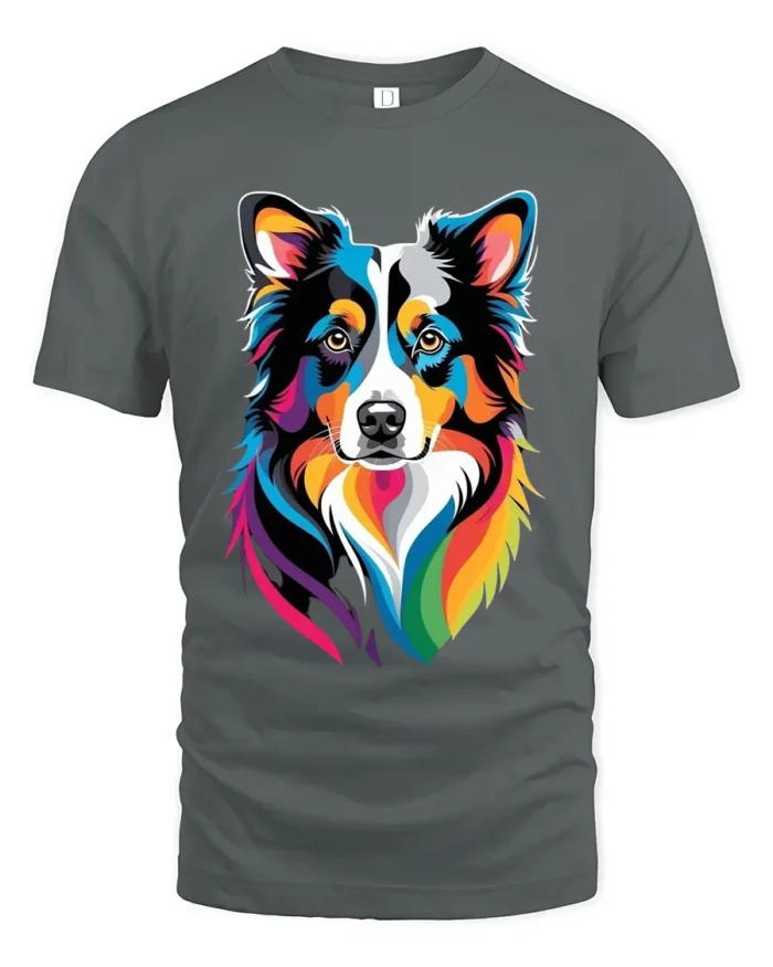 Colorful Border Collie T-Shirt,  Artistic Dog Lover Tee - gray t-shirt on white background