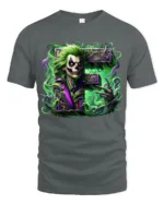 Laughing Skull Joker Tee, Edgy Villain Art T-Shirt - gray t-shirt on white background