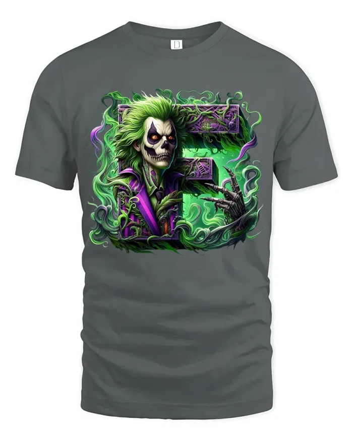 Laughing Skull Joker Tee, Edgy Villain Art T-Shirt - gray t-shirt on white background