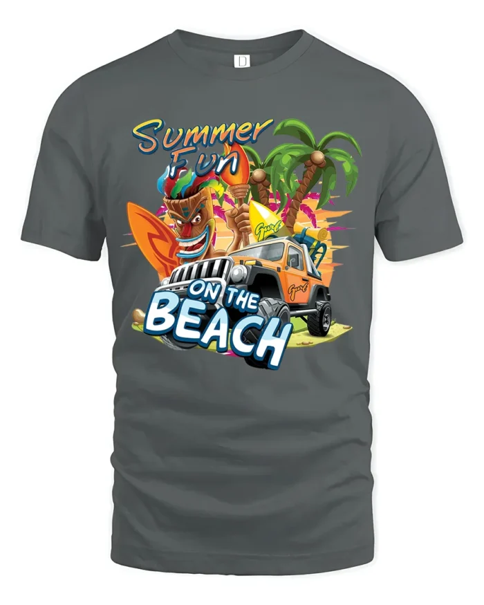 Beach Summer Fun Tee, Tropical Vacation Graphic T-Shirt - gray t-shirt on white background