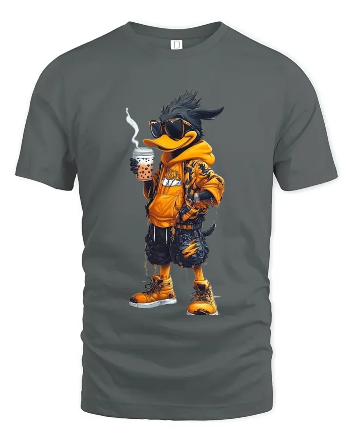 Hipster Duck T-Shirt, Stylish Cartoon Animal Tee for You - gray t-shirt on white background