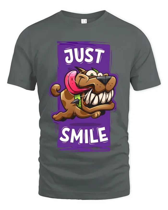 Smiling Dog Cartoon T-Shirt - Humorous Pet Lover Tee - gray t-shirt on white background
