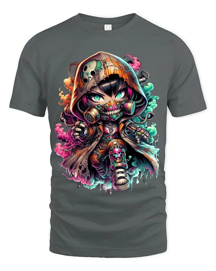 Cyberpunk Chibi, Futuristic Cute Character T-Shirt - gray t-shirt on white background