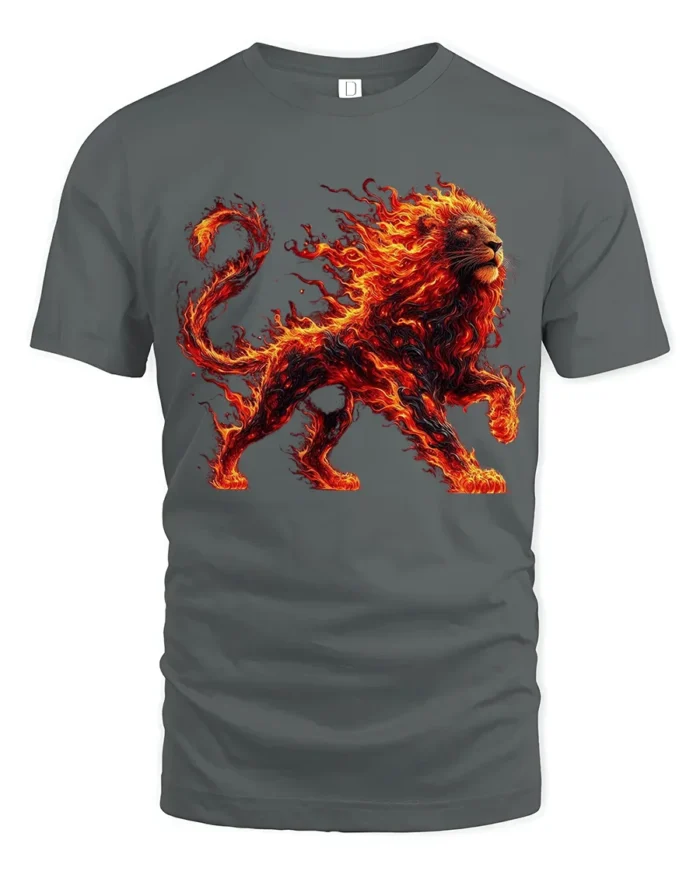 Blazing Lion Art Tee, Powerful Animal Graphic T-Shirt - gray t-shirt on white background