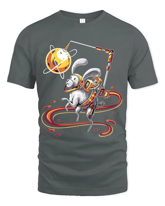 Planet Hopping Rabbit Tee - Whimsical Space Graphic Tee - gray t-shirt on white background
