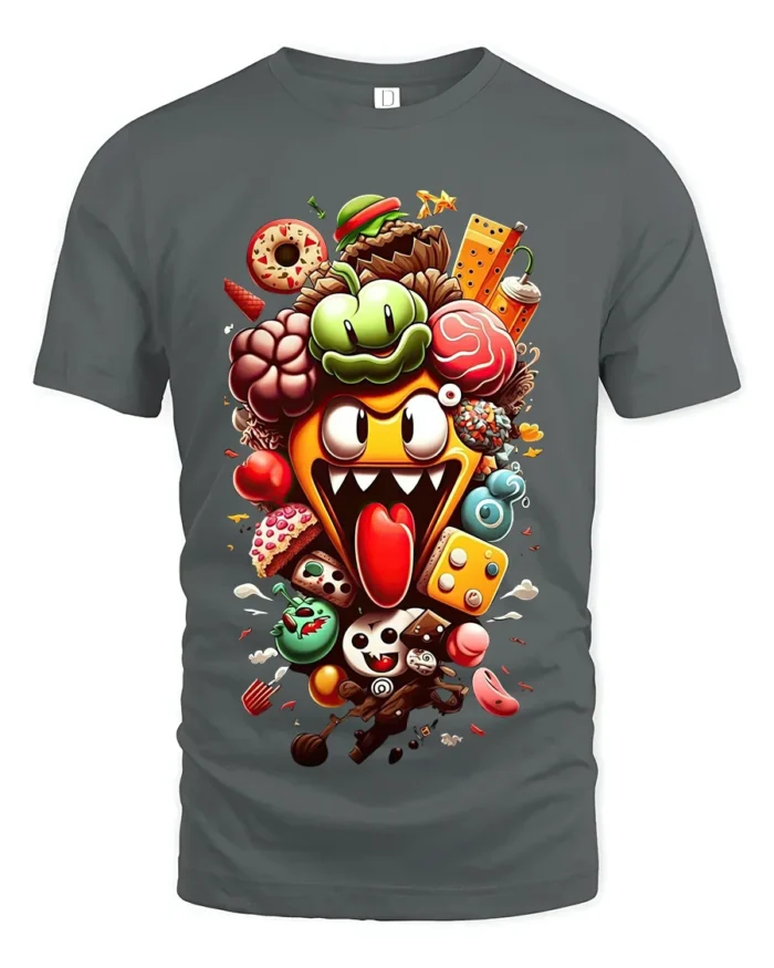 Crazy Food Pile Tee,  Funny Cartoon Snack Attack T-Shirt - gray t-shirt on white background
