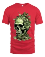 Money Skull Graphic Tee - Dollar Bills Skull T-Shirt - red t-shirt on white background