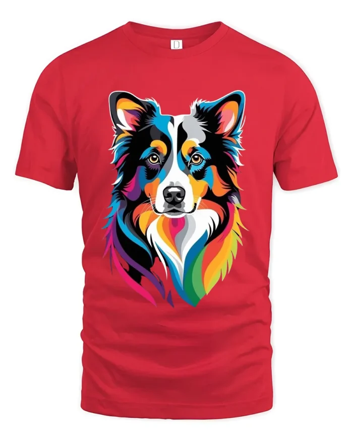 Colorful Border Collie T-Shirt,  Artistic Dog Lover Tee - red t-shirt on white background