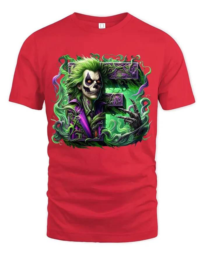 Laughing Skull Joker Tee, Edgy Villain Art T-Shirt - red t-shirt on white background