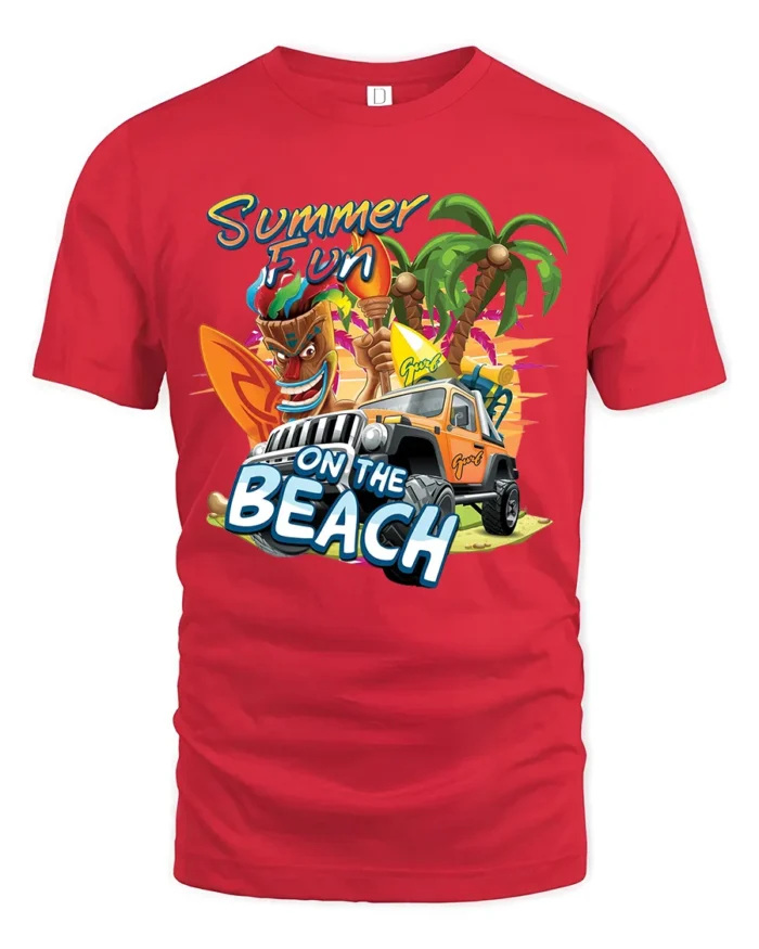 Beach Summer Fun Tee, Tropical Vacation Graphic T-Shirt - red t-shirt on white background
