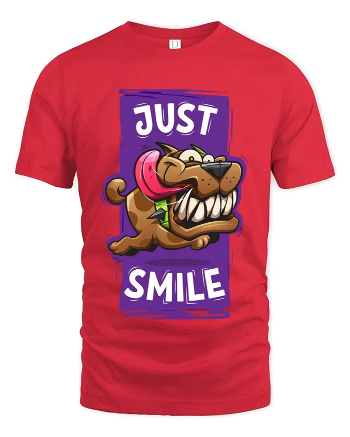 Smiling Dog Cartoon T-Shirt - Humorous Pet Lover Tee - red t-shirt on white background