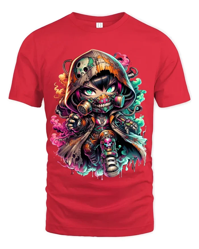 Cyberpunk Chibi, Futuristic Cute Character T-Shirt - red t-shirt on white background