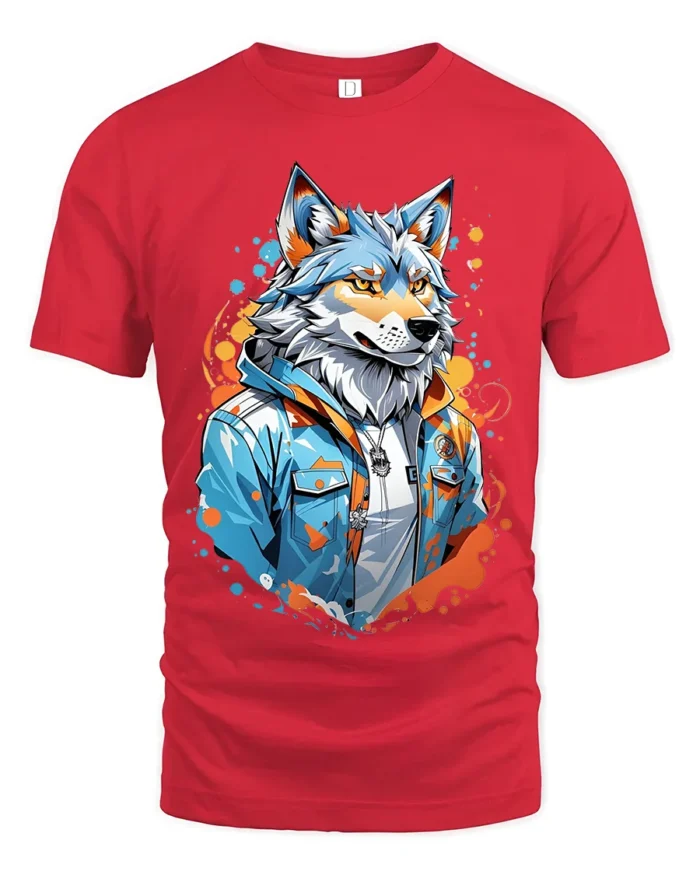Cool Wolf Jacket Tee - Urban Style Animal Graphic T-Shirt - red t-shirt on white background