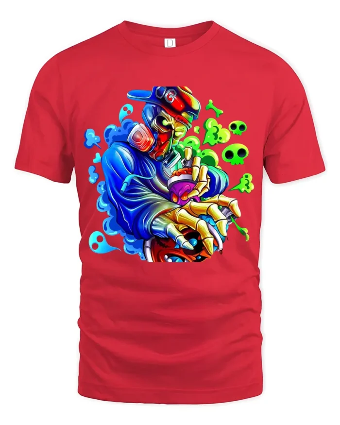 Skull Graffiti Master Tee - Edgy Urban Design T-Shirt - red t-shirt on white background