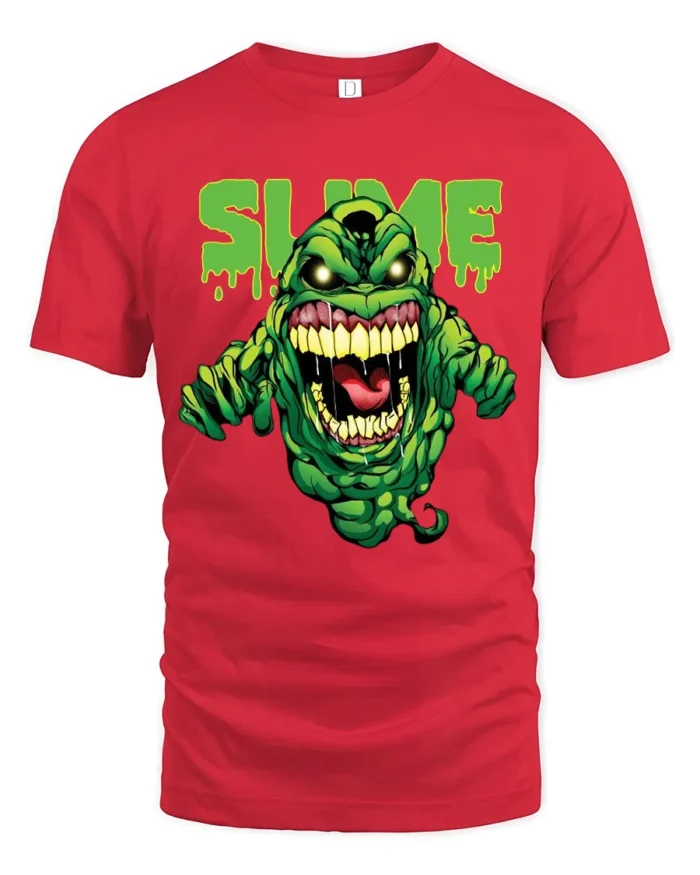 Slimer Slime Tee, Funny Ghostbusters Graphic T-Shirt - red t-shirt on white background