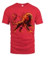 Blazing Lion Art Tee, Powerful Animal Graphic T-Shirt - red t-shirt on white background