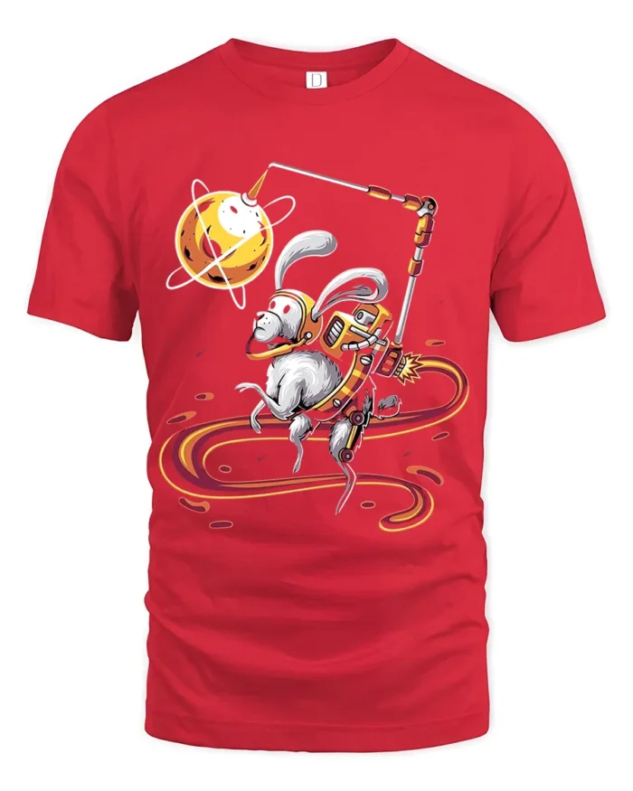 Planet Hopping Rabbit Tee - Whimsical Space Graphic Tee - red t-shirt on white background