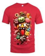 Crazy Food Pile Tee, Funny Cartoon Snack Attack T-Shirt - red t-shirt on white background