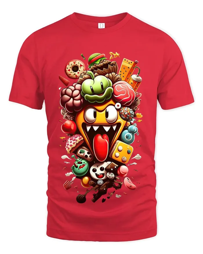 Crazy Food Pile Tee,  Funny Cartoon Snack Attack T-Shirt - red t-shirt on white background