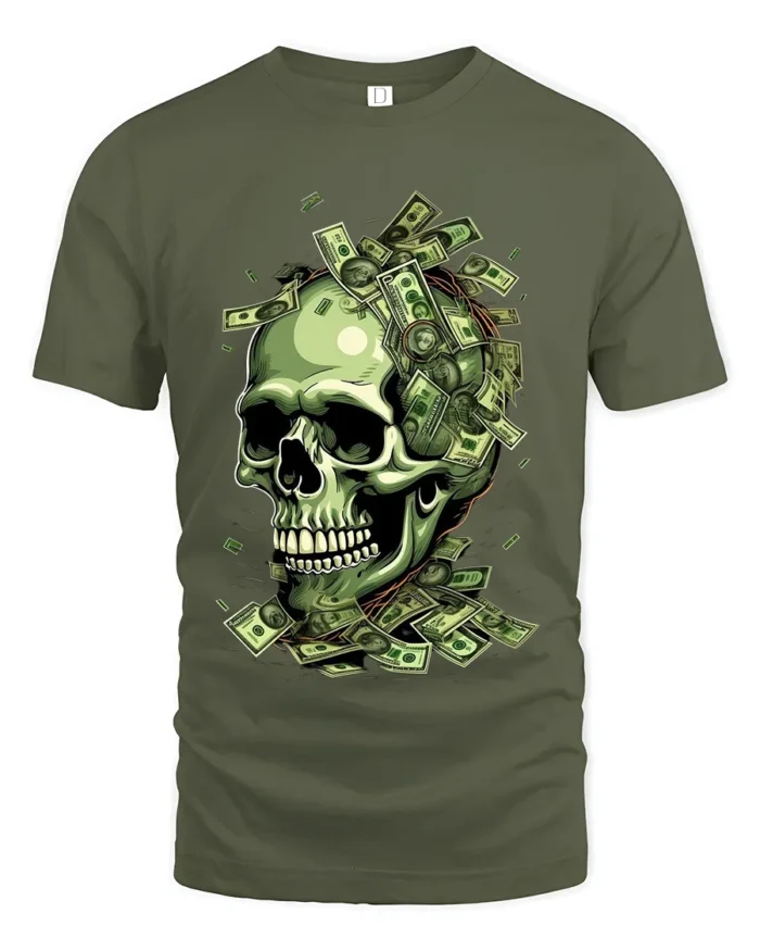 Money Skull Graphic Tee - Dollar Bills Skull T-Shirt - military green t-shirt on white background
