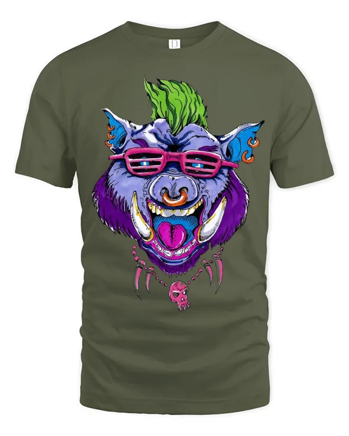 Mohawk Hog Graphic, Unique Rocker Animal T-Shirt - military green t-shirt on white background