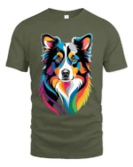 Colorful Border Collie T-Shirt, Artistic Dog Lover Tee - military green t-shirt on white background