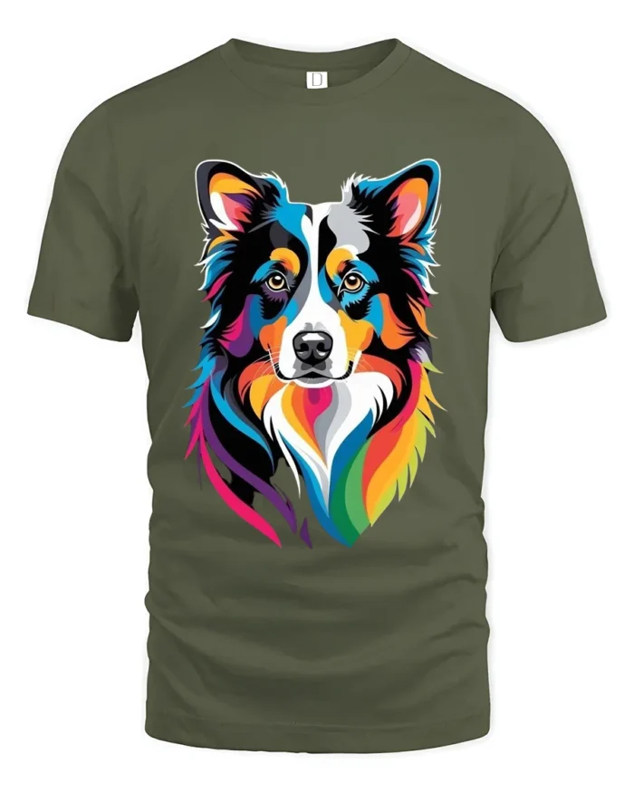 Colorful Border Collie T-Shirt,  Artistic Dog Lover Tee - military green t-shirt on white background