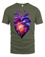 Abstract Heart Tee, Unique Colorful Love Graphic T-Shirt - military green t-shirt on white background