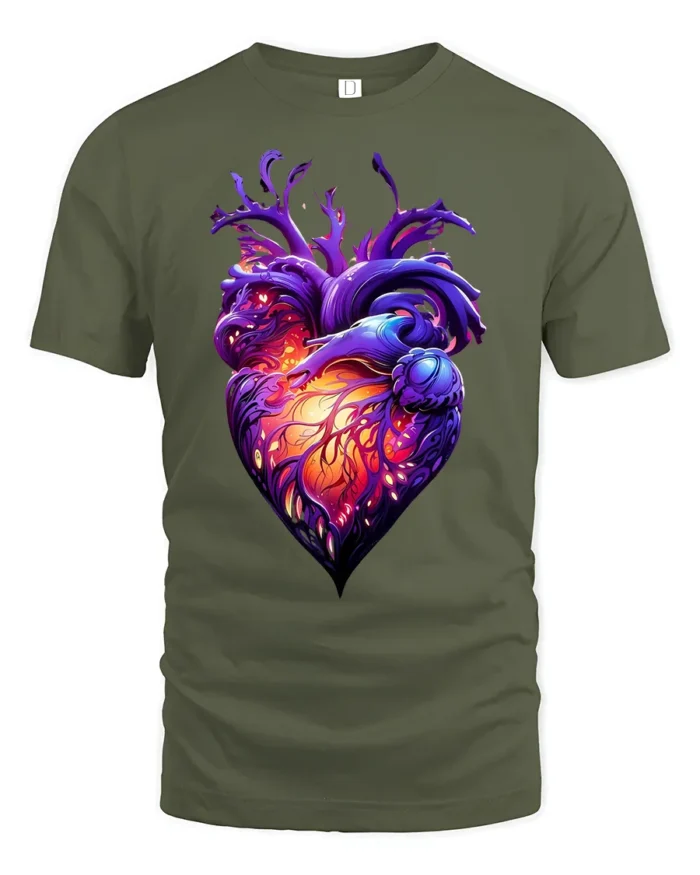 Abstract Heart Tee,  Unique Colorful Love Graphic T-Shirt - military green t-shirt on white background