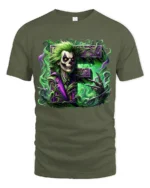 Laughing Skull Joker Tee, Edgy Villain Art T-Shirt - military green t-shirt on white background