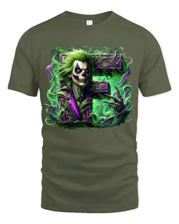 Laughing Skull Joker Tee, Edgy Villain Art T-Shirt - military green t-shirt on white background
