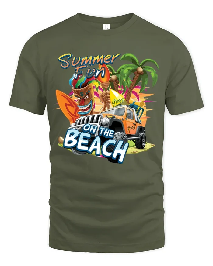 Beach Summer Fun Tee, Tropical Vacation Graphic T-Shirt - military green t-shirt on white background