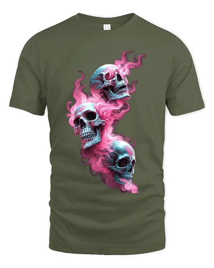 Psychedelic Skulls, Trippy Colorful Skull T-Shirt - military green t-shirt on white background