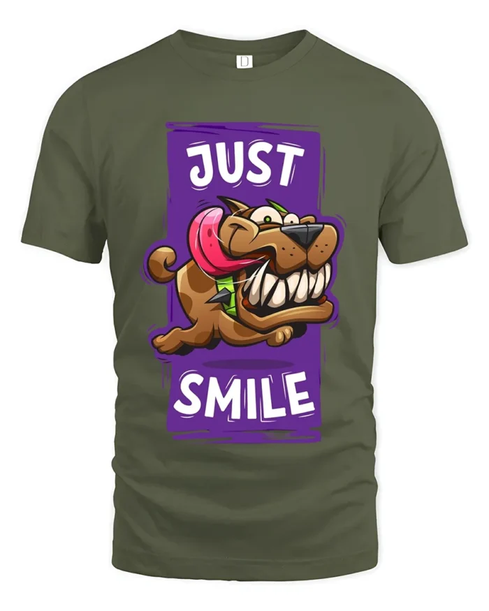 Smiling Dog Cartoon T-Shirt - Humorous Pet Lover Tee - military green t-shirt on white background