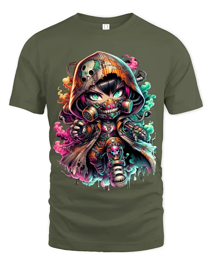 Cyberpunk Chibi, Futuristic Cute Character T-Shirt - military green t-shirt on white background