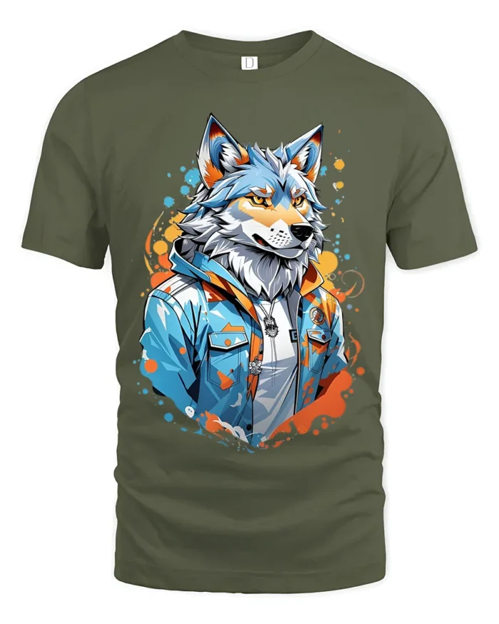 Cool Wolf Jacket Tee - Urban Style Animal Graphic T-Shirt - military green t-shirt on white background