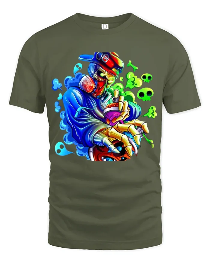 Skull Graffiti Master Tee - Edgy Urban Design T-Shirt - military green t-shirt on white background