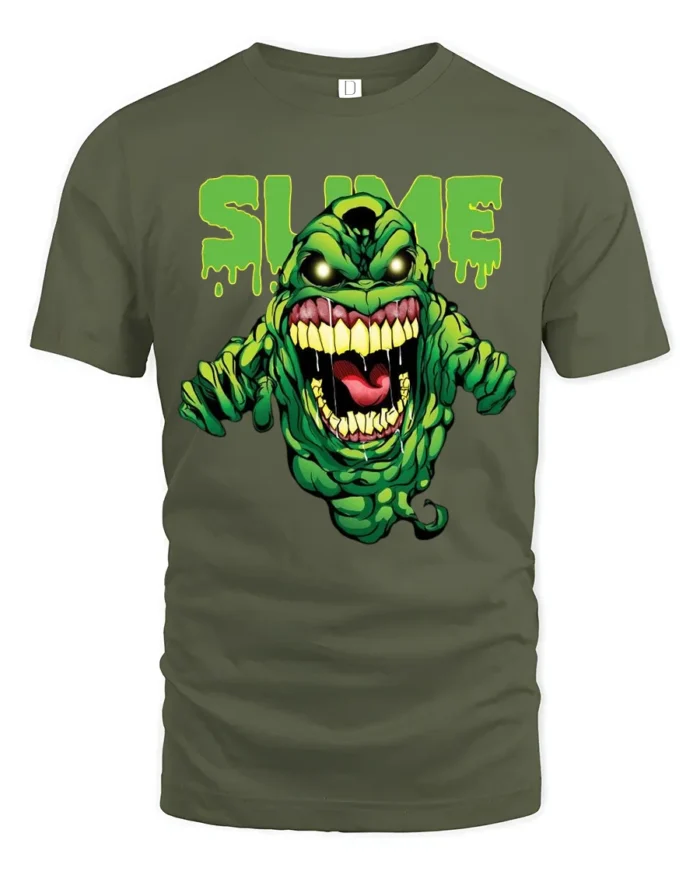 Slimer Slime Tee, Funny Ghostbusters Graphic T-Shirt - military green t-shirt on white background