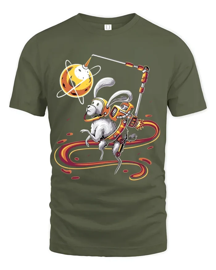 Planet Hopping Rabbit Tee - Whimsical Space Graphic Tee - military green t-shirt on white background
