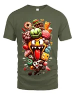 Crazy Food Pile Tee, Funny Cartoon Snack Attack T-Shirt - military green t-shirt on white background